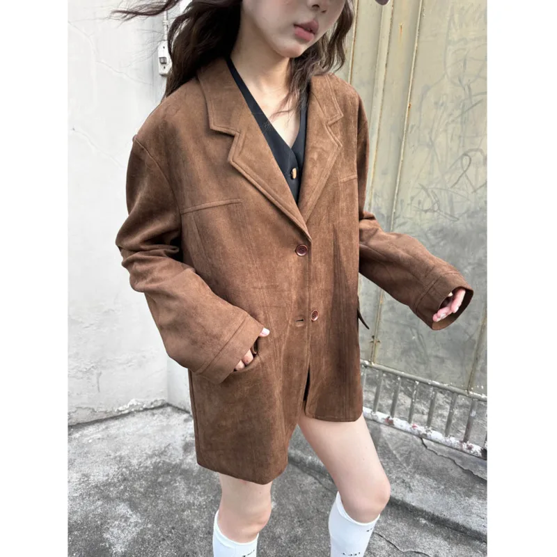 Autumn Suede Silhouette Suit Jacket Women Vintage Lapel Collar Loose Long Sleeve Casual Blazers Coat