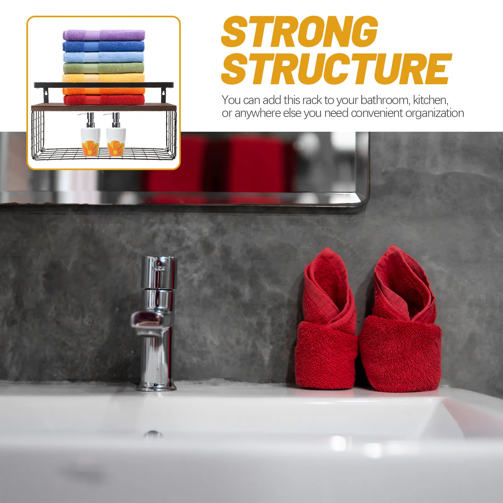 Bathroom Wall Mounted Floating Shelf Wooden Storage Rack Heavy Duty Organizer Basket Towel Holder for Kitchen Bathroom
