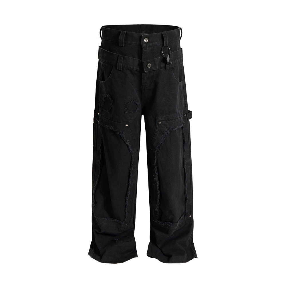 Streetwear Double Waisted Tassel Wide Leg Pants for  Men Ropa Hombre Straight Black Baggy Jeans Oversized Denim Trousers