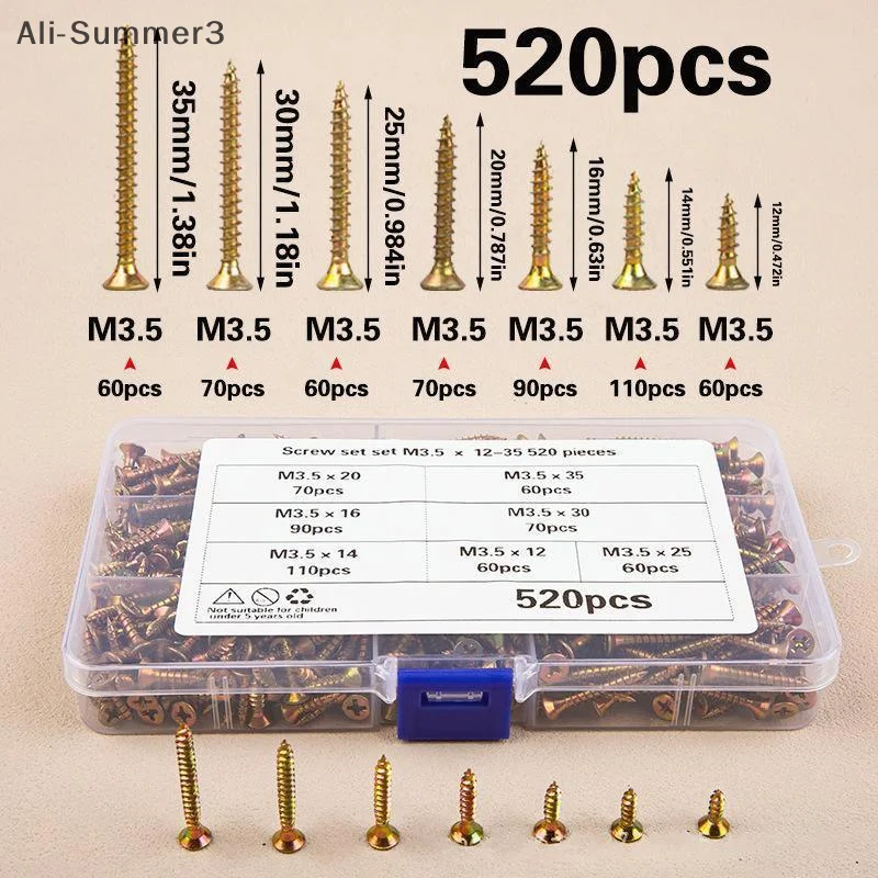 520Pcs M3.5 Countersunk Head Self-Tapping Screws Kit Color Galvanized Screw Set For Woodworking Industrial Home Decoration