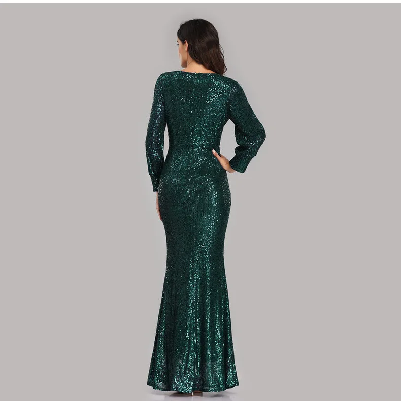 Plus Size Long-sleeved V-neck Sequined Fishtail Evening Dress for Women Prom Formal Dress Women Elegant Green Long Dress Gown