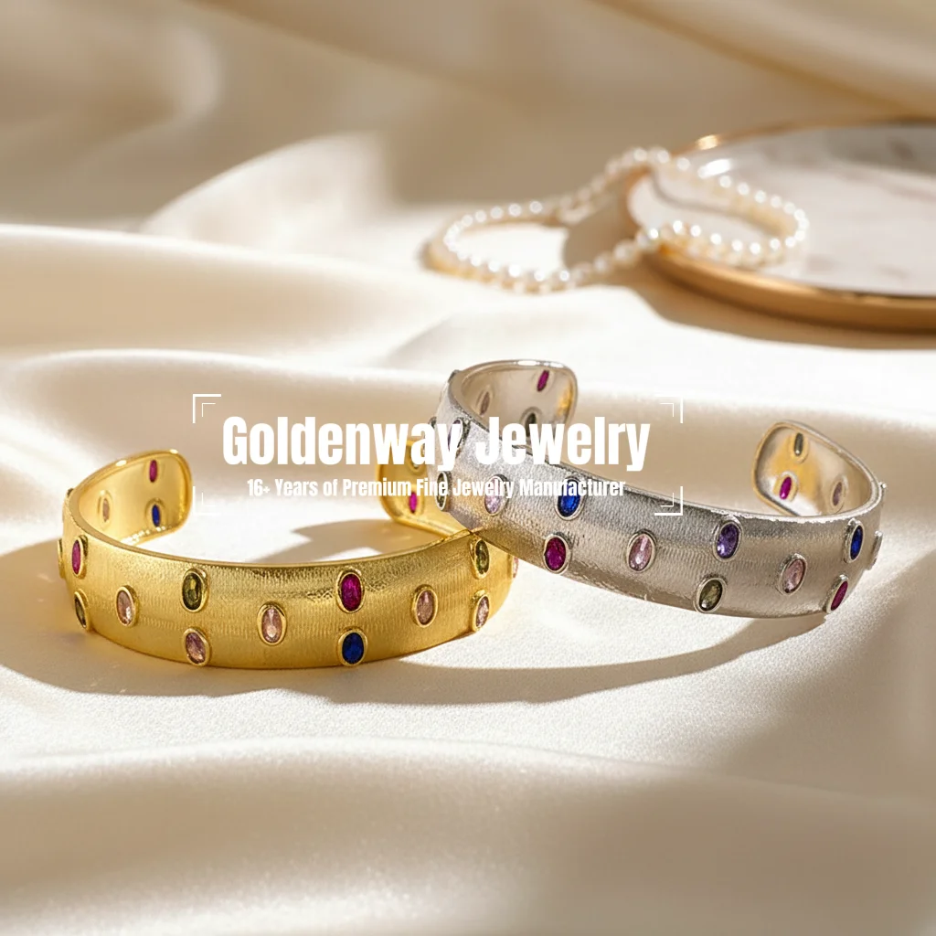 Bucci Style Fine Jewelry 18K Yellow White Gold Filled Rainbow Gemstone Segrinato Wide Bangles Women's Silver Open Cuff Bracelet