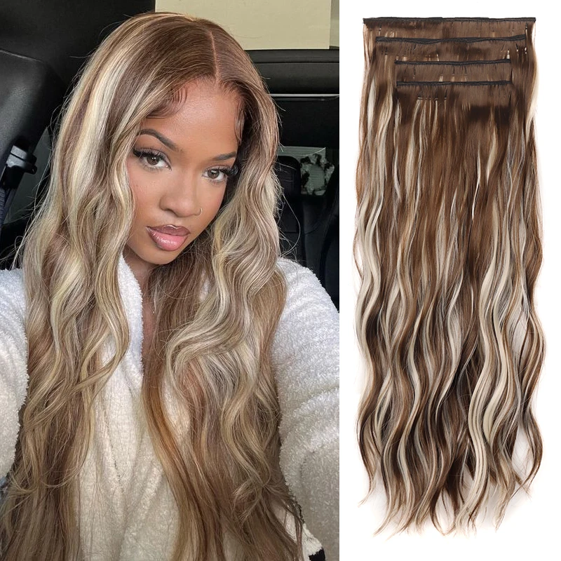 

Long Natural Wave Clip in Fake Hair for Women 20inch 4pcs/set Curly Hair Pieces Extensions Ombre Brown Synthetic False Hairpiece