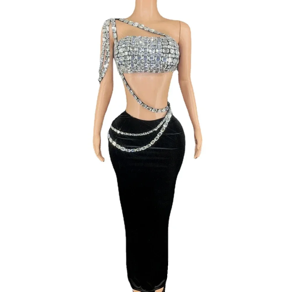 Sparkly Diamonds Tube Top Long Skirt Two Pieces Set for Women Sexy Celebrate Evening Prom Birthday Photo Shoot Dress Stage Wear