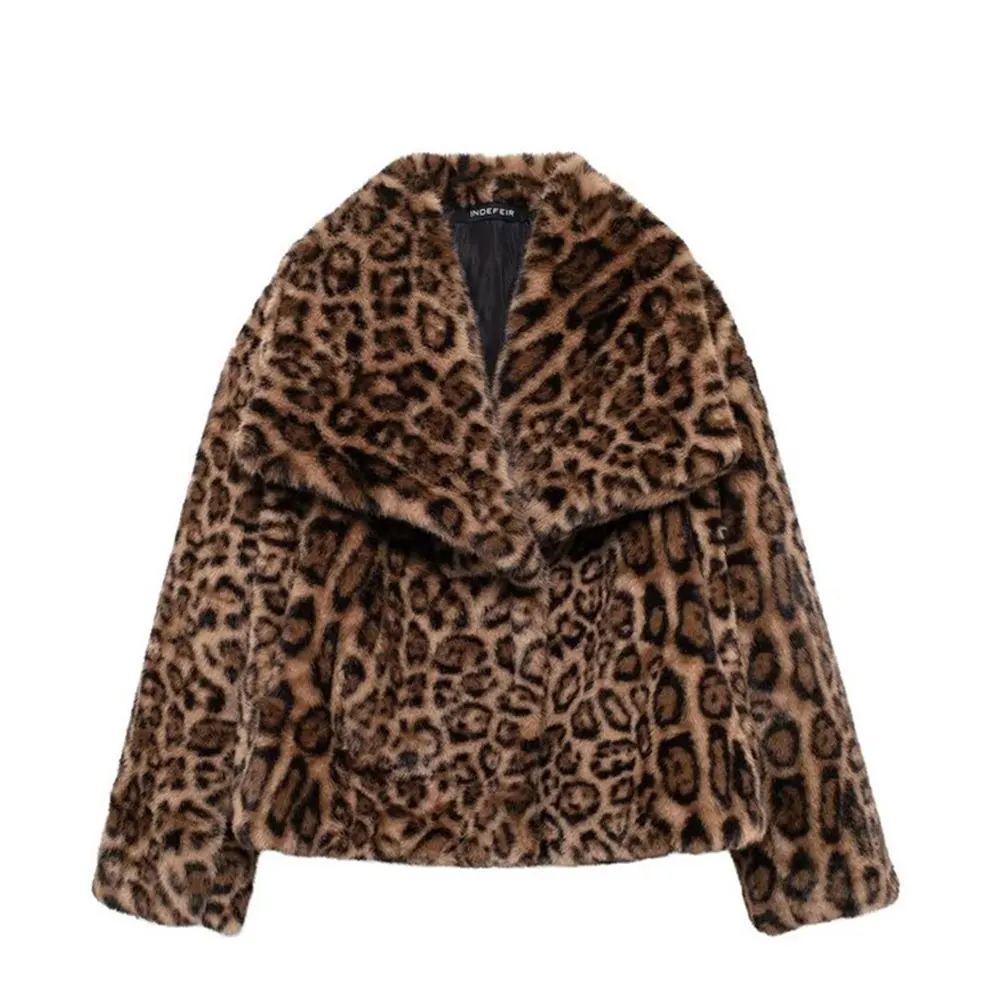 레오파드 퍼 재킷 겨울옷 여성용 짧은 인조 여우털 코트 한국 스타일 캐주얼 아우터 여성용 두꺼운 따뜻한 플러시 오버코트