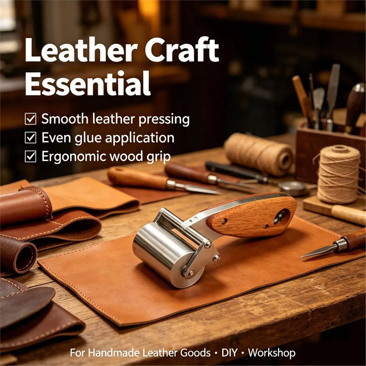 Solid Wooden Handle, Push-Wheel Leather Pressing Tool, Flattens Leather, DIY Leather Pressing Roller Edging Tool