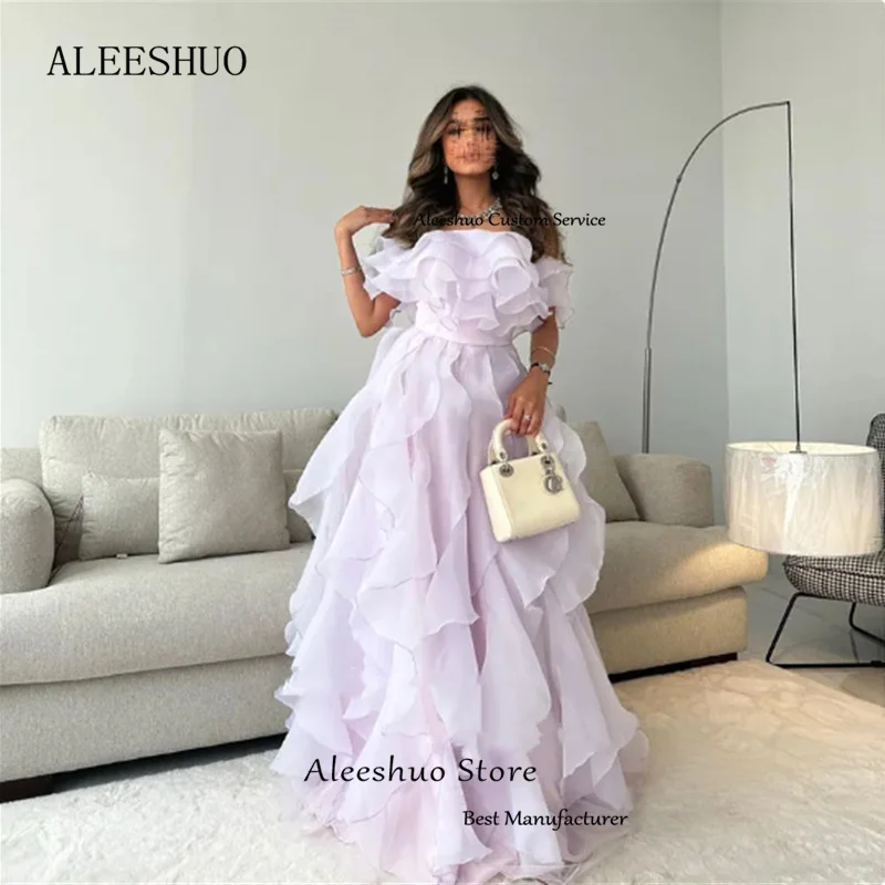 Aleeshuo Muslim Elegant Organza Prom Gowns Sleeveless Evening Dresses Saudi Arabic Ruffles Off The Shoulder Party Robe de soirée