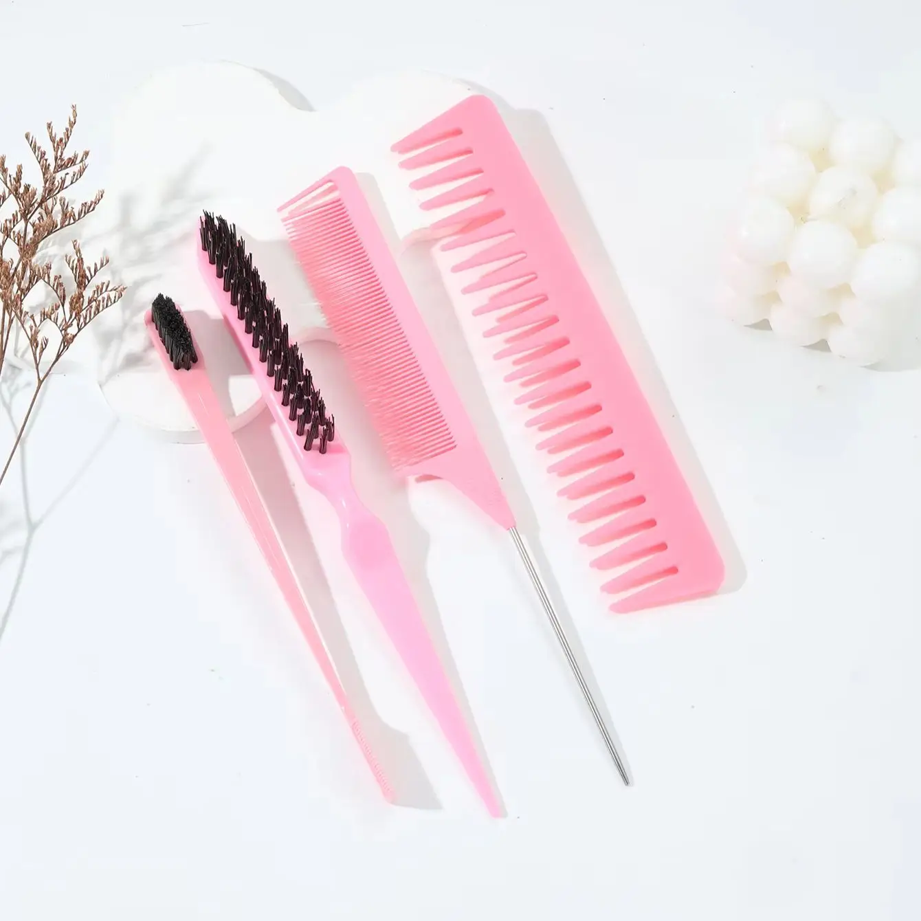 مجموعة مشط تصفيف الشعر مكونة من 4 قطع، فرشاة إغاظة، فرشاة حافة، مشط ذيل ومشط تقشير واسع الأسنان خاص بشعر مستعار حقيقي