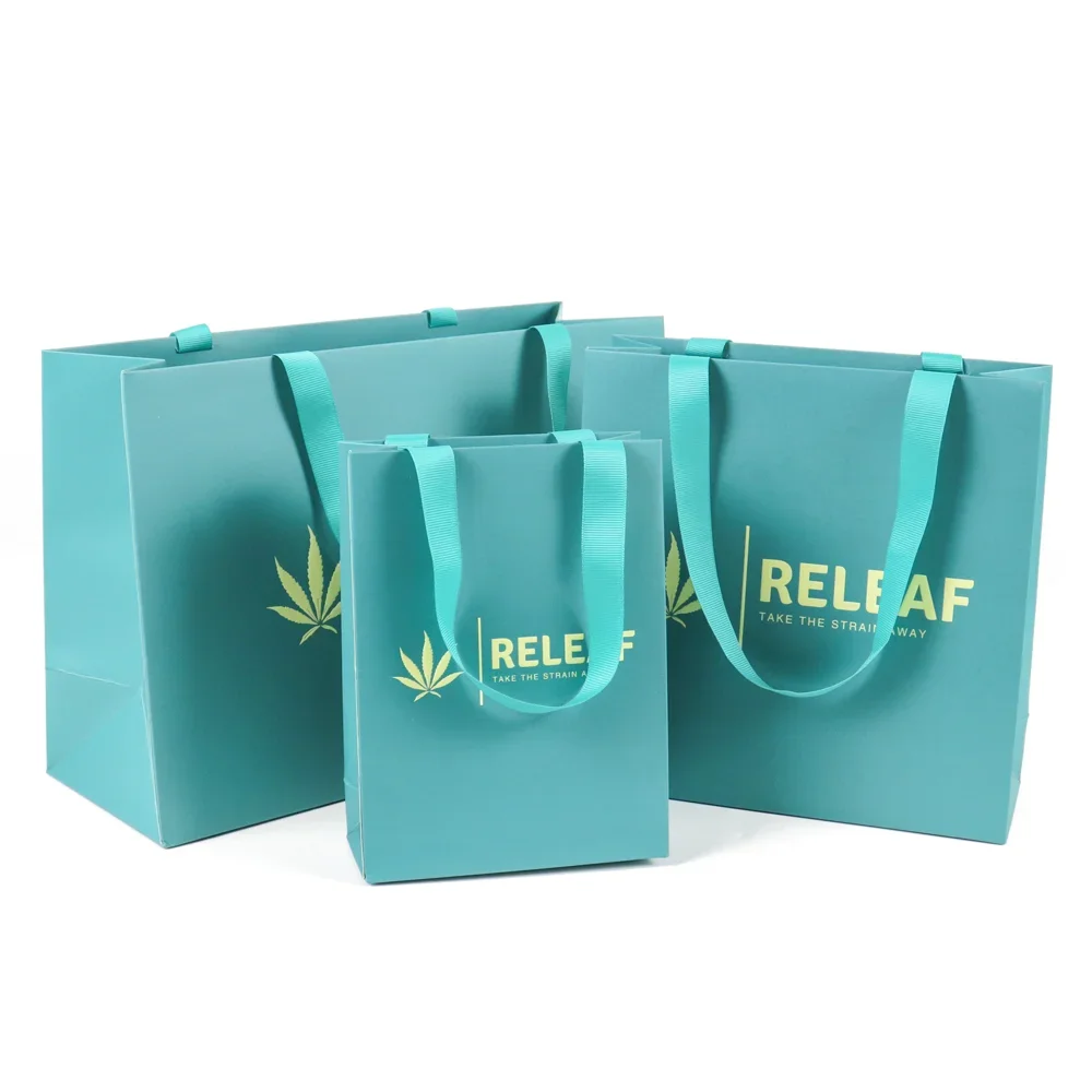 Promotional Luxury Fancy Handmade Jewelry Wedding Gift Light Blue Packaging Paper Bag With Ribbon