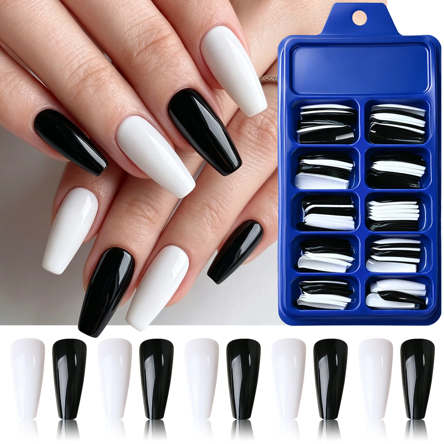 100Pc Classic Black White Long Coffin Fake Nails Glossy Solid Colors Ballerina Press On Nails Minimalist Punk Daily DIY Manicure
