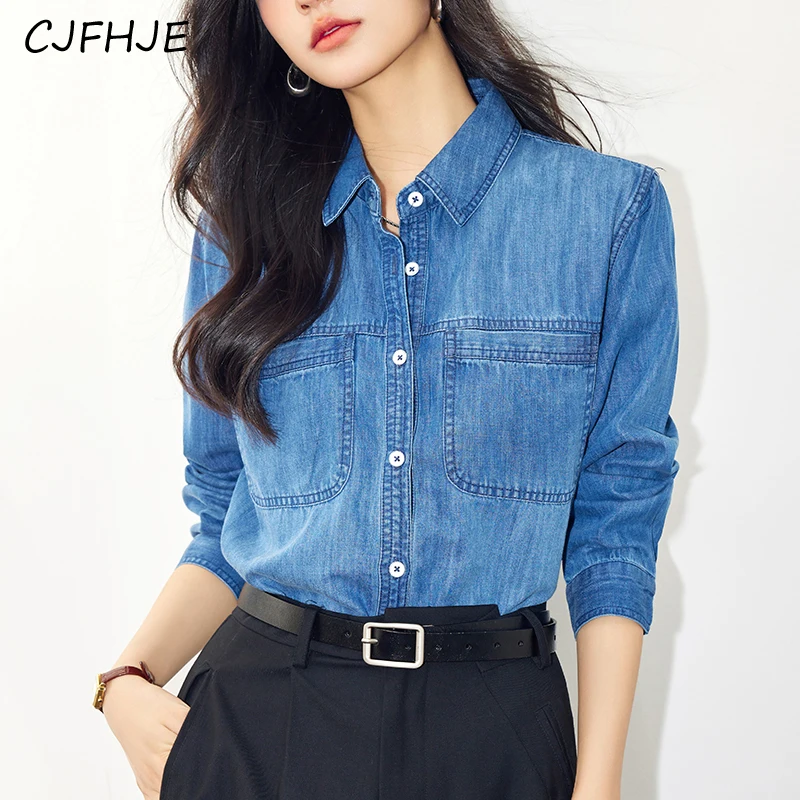 

CJFHJE Spring Fashion Retro Women's POLO Collar Denim Shirt New Korean Classic Commuter Casual Women Loose Long Sleeved Shirt