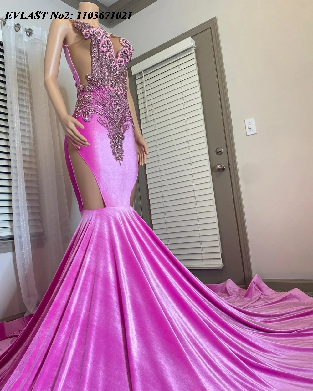 Evlast personalizado rosa cristal veludo longo vestido de baile para meninas negras strass frisado elegante africano formal vestido de festa e2p31