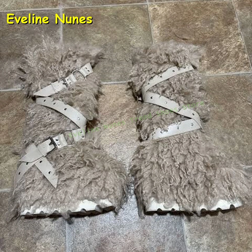 Wild Instincts Faux Fur Boots Plush Warm Spicy Girl 2025 Belt Buckle White Studded Rivet Ankle Wrap Women Sexy Knee High Boots
