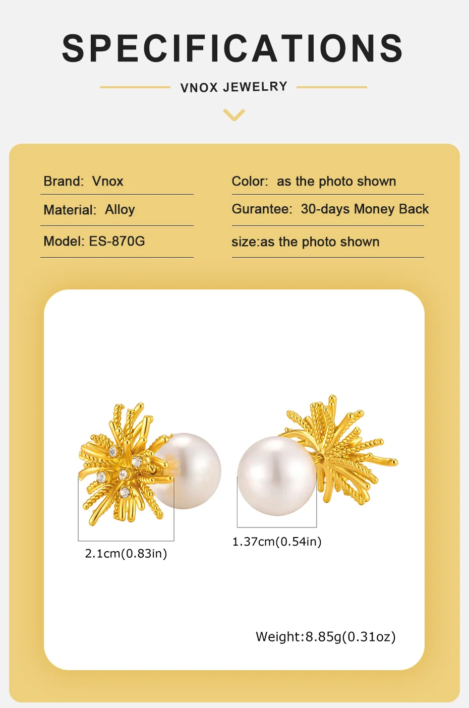 Vnox Trendige Luxus-Kristall-Feuerwerk-Ohrstecker für Damen, vergoldete Imitationsperlen-Ohrringe, eleganter Ohrschmuck mit Charakter. – Detail 4