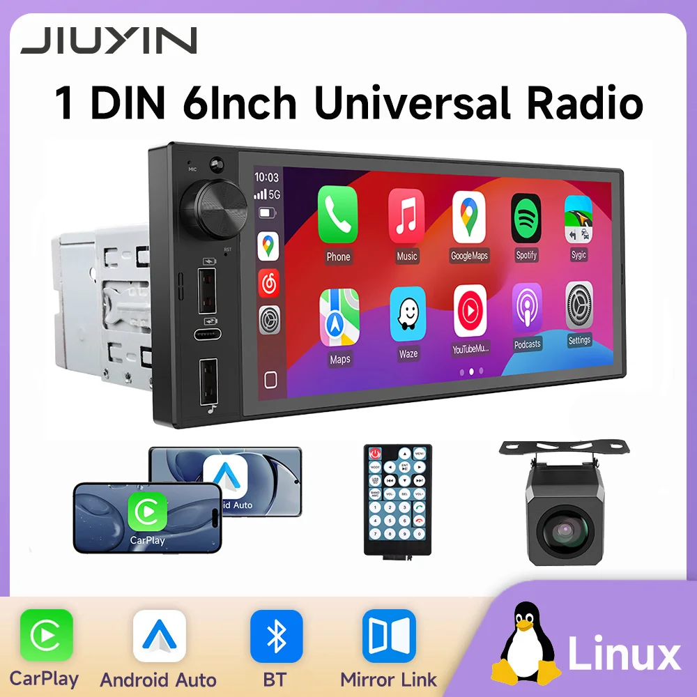 

Автомобильное радио JIUYIN 1 Din, 6-дюймовый универсальный беспроводной мультимедийный проигрыватель Carplay Android Auto MP5 BT, автомобильная стереосистема с USB Type-C и сенсорным экраном