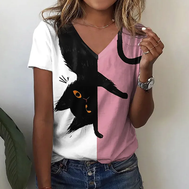 3D Funny Cats Print T Shirts For Women V-neck Short Sleeve Casual Fashion Kawaii Graphics T-shirt Oversized Female Girls Clothes