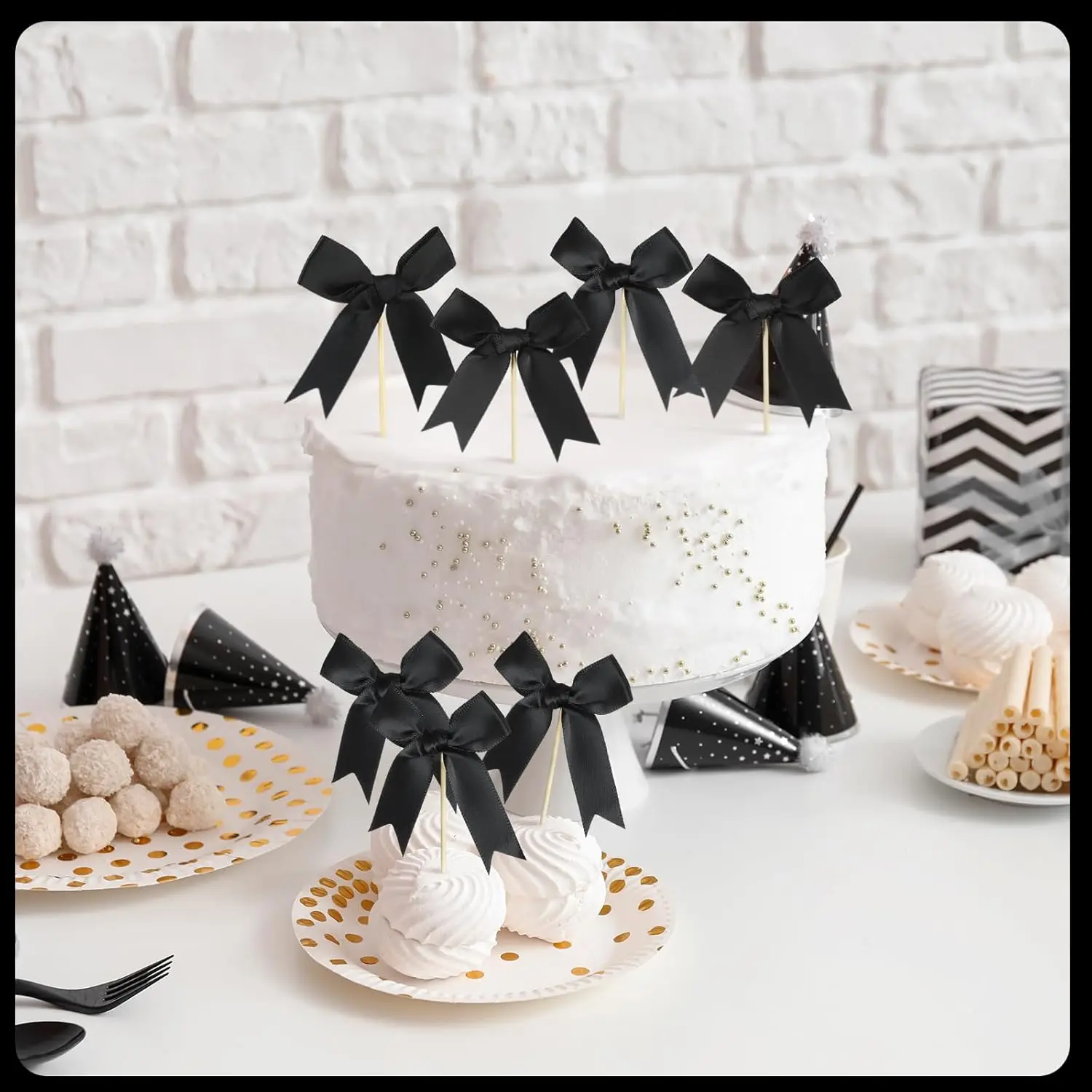 10pcs/Pack Black Pearl Bow Cupcake Topper Bow Cake Topper Coquette Theme Party Decoration for Wedding Bridal Shower Bachelorette view 4