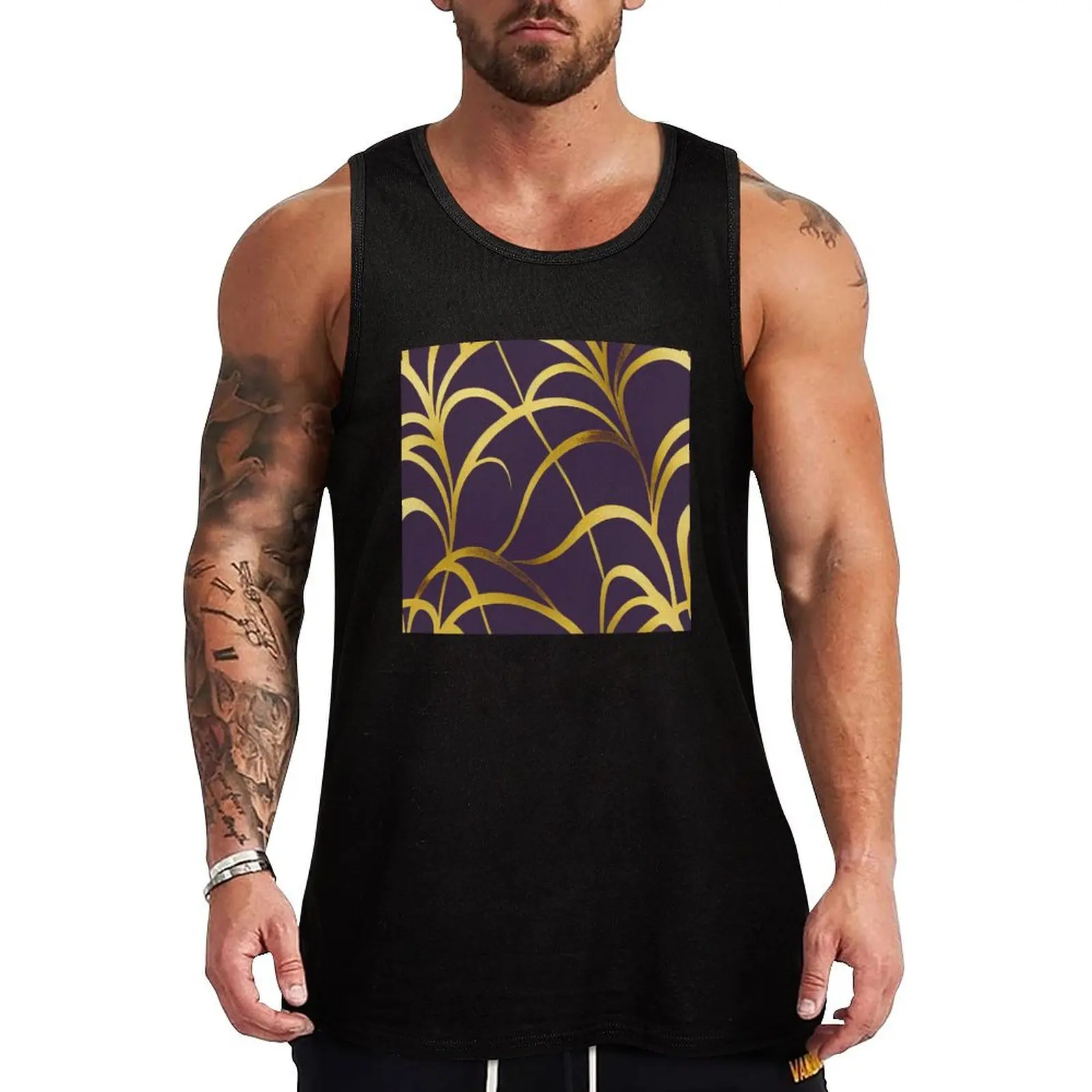 

Golden Art Deco Elegant Designs On Dark Purple Tank Top Working vest Men's t shirt