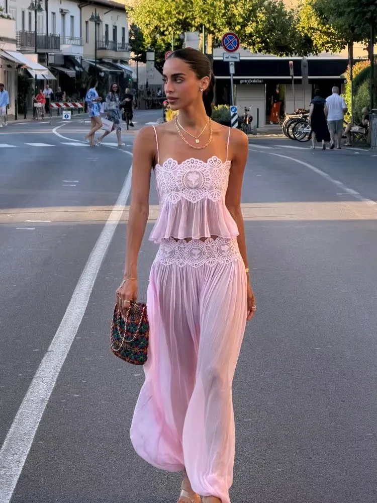 Elegant Lace Women Long Pant Set Square Neck Sheer Ruffle Hem Crop Cami Top High Waist Wide Leg Trousers 2026 Summer Chic Suit