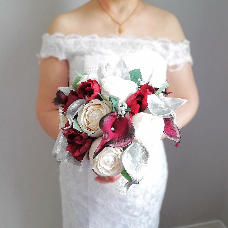 

Whitney Wedding Collection 219 Bouquet for The Bride And Bridesmaids Silver Calla Lilies with Ivory Roses ramo de novia boda