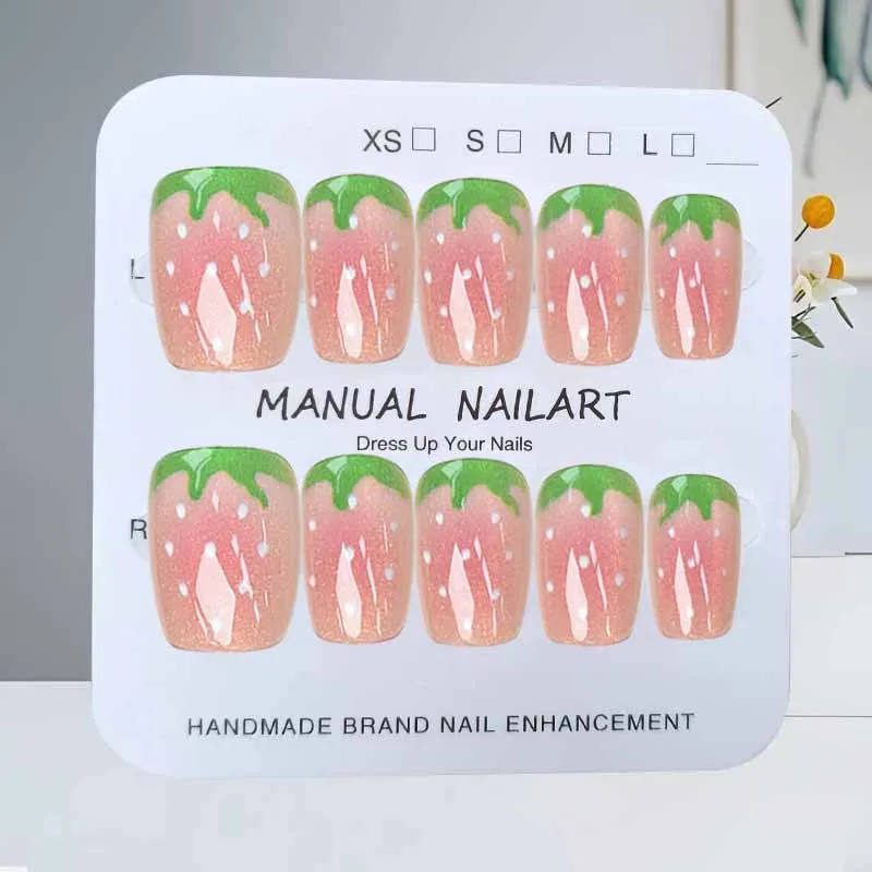 10Pcs Little Fresh Strawberry Fruit Series Crystal Strawberry Cat Eye Press on Nails with Polka Dot Simplicity False Nails Patch