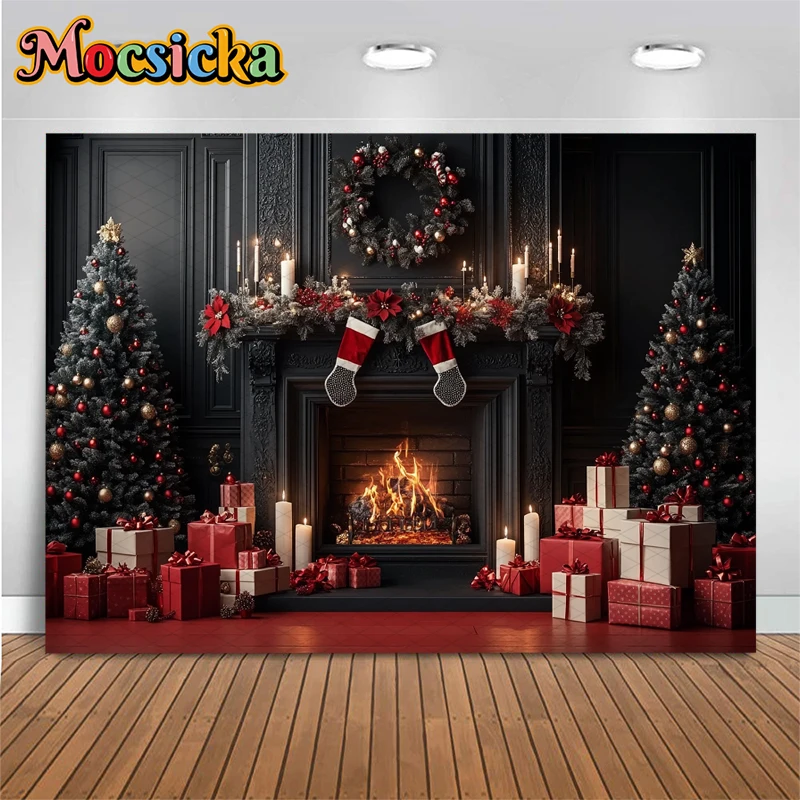 Mocsicka Christmas Backdrop Photography Fireplace Red Flower Gift Xmas Tree Photo Background For Shooting Home Decoration Studio