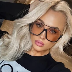 Double Bridge Square Sunglasses for Women Fashion Half Frame Sun Glasses Ladies Hipster Brown Tea Oversized Shades Vintage UV400