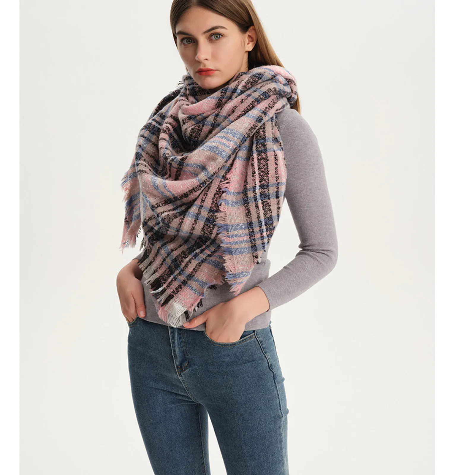 Lenço de caxemira xadrez de luxo feminino, foulard quente, lenços sólidos, moda casual, inverno, 2024