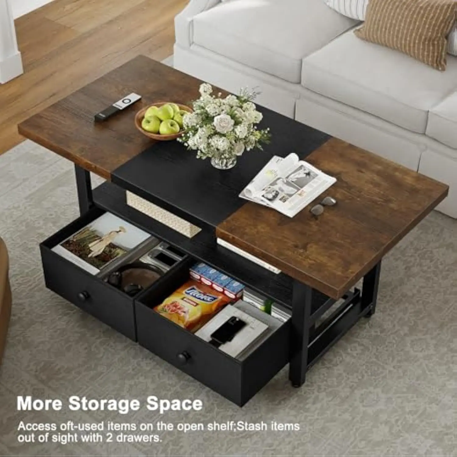 2-Tier Coffee Table with Storage Shelf and 2 Drawers, 46'' Rectangular Center Table Wood Top for Living Room Reception Room, M