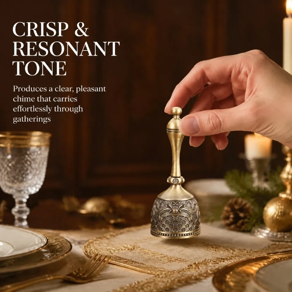 Zinc Alloy Antique Brass Hand Bell 4.72in Size Bronze Finish Loud Handbell Retro Carved Design Rustic Look Hand Bell for Wedding