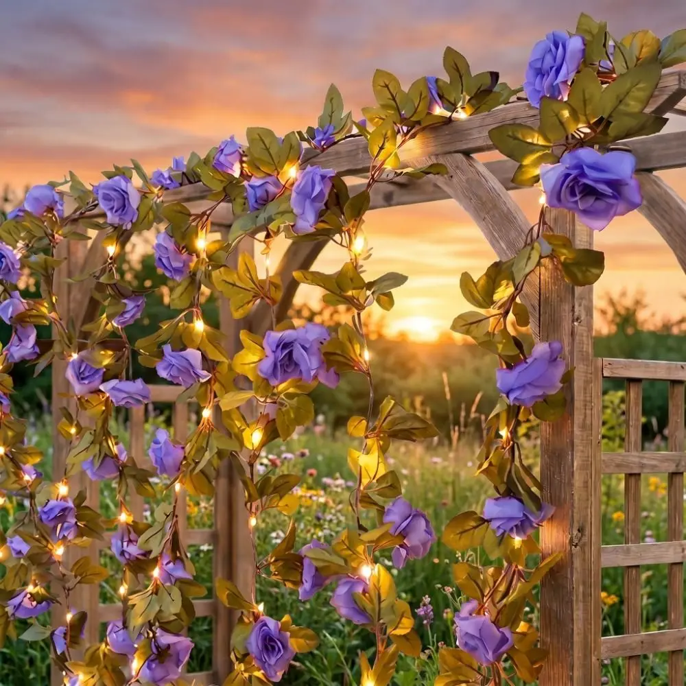 Blue Purple LED Vine Lights Artificial Flower Waterproof Rose String Lights Fairy Lights Vine Design Outdoor String Lamp