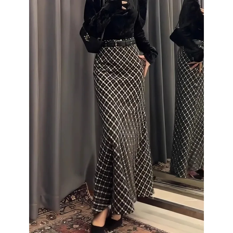 Fashion Trend Plaid High Waist Skirt for Women 2025 Autumn and Winter New Loose Niche Long Skirt