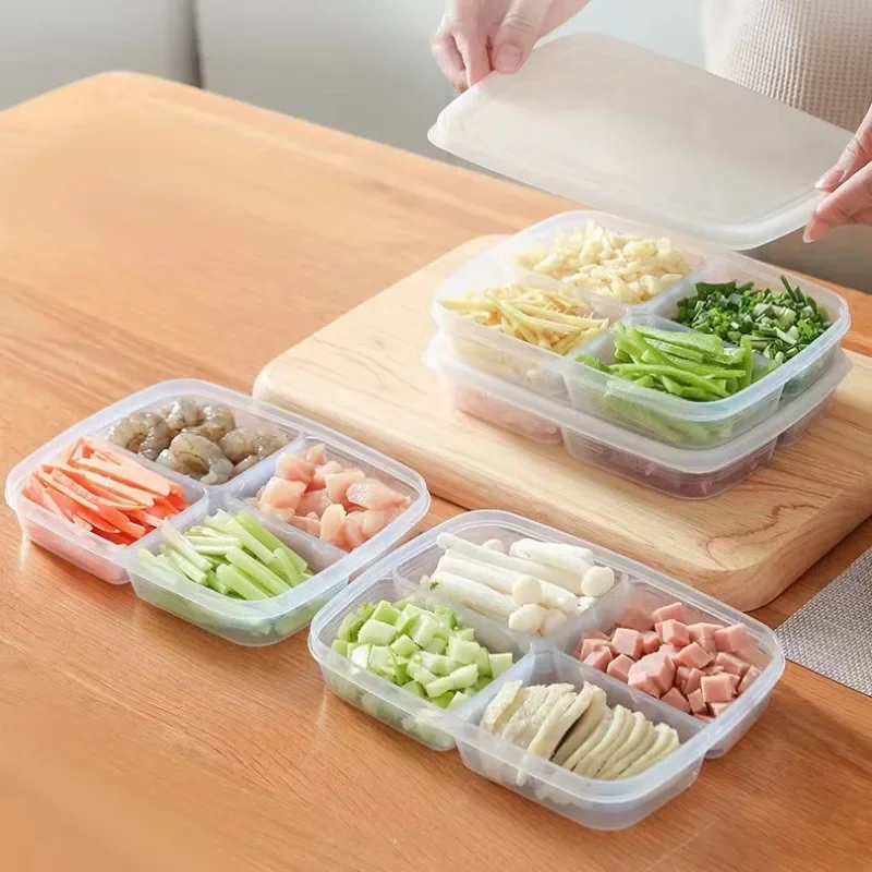 4 Grids Food Fruit Storage Box Portable Compartment Refrigerator Freezer Organizers Sub-Packed Meat Onion Ginger Clear Crisper