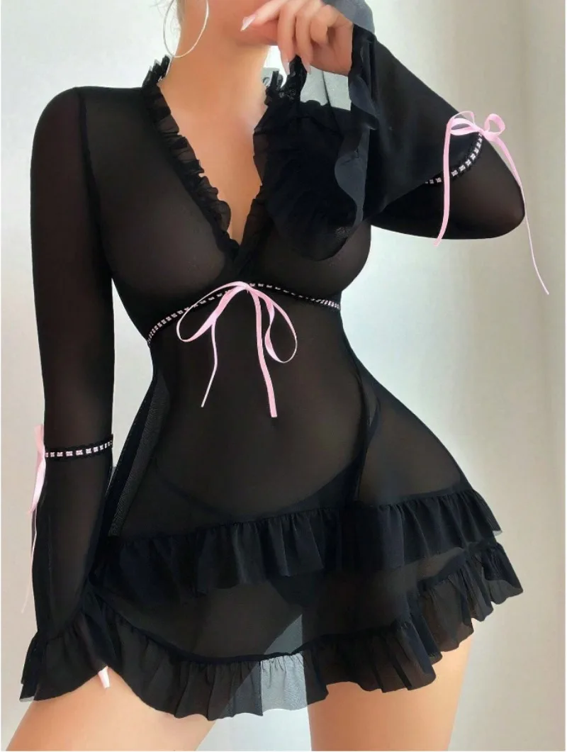 

Sexy Lingerie Night Dress Sexy Lace Mesh Nightgown Spotted Skirt Transparent Short Skirt Women's Pajamas Dress Womens Dresses