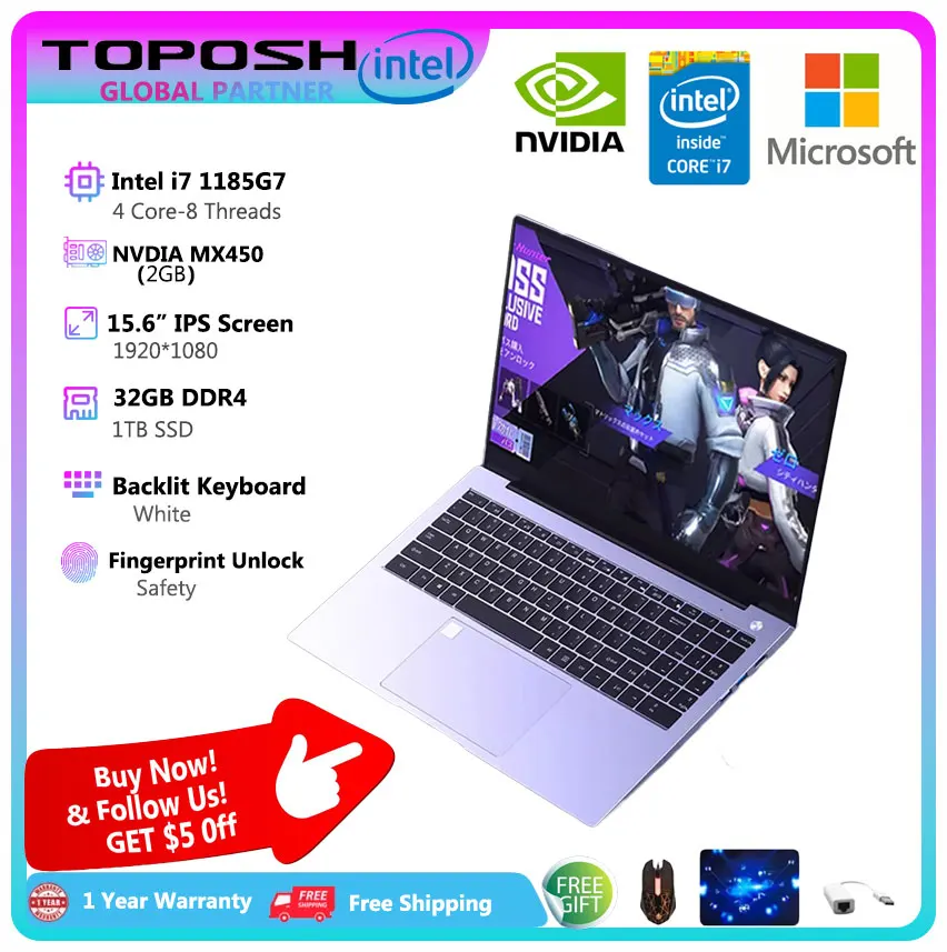 TOPOSH i7 Gaming Laptop 15.6 Inch IPS Screen Intel 11th Gen i7-1185G7 4Core 8Threads Nvidia Geforce MX450 GPU Notebook Gamer PC