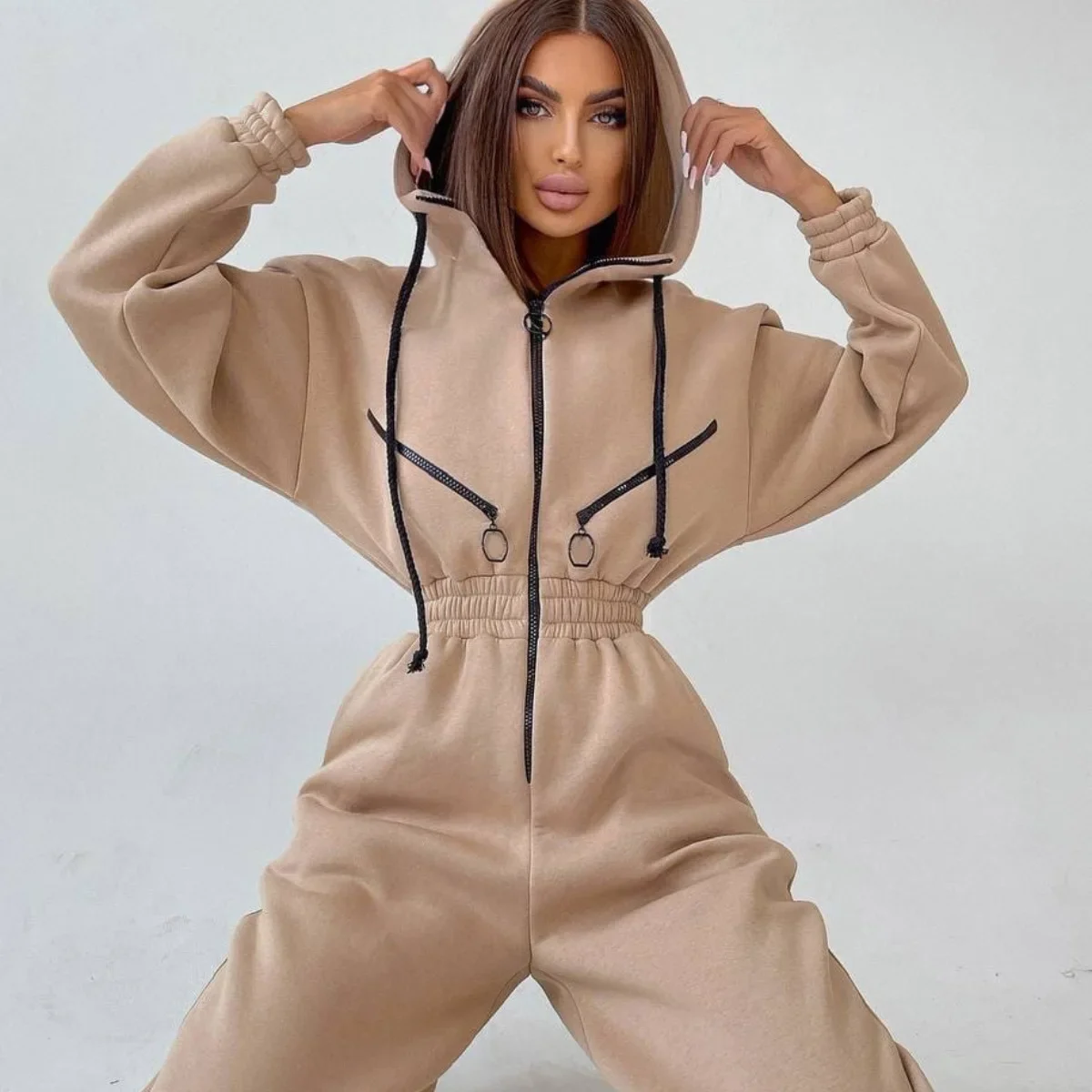 Fashion Elegant Hoodies Jumpsuit Women Casual Overalls Romper Fall Winter Solid Hooded Jumpsuits  Rompers Tracksuits