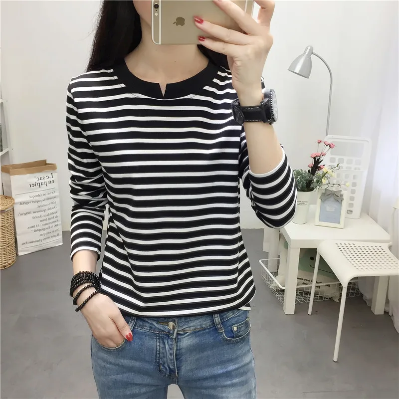 

Women's round Ne Stripe T-irt Long Sve Base irt Faionable Vintage Autumn Winter Slim Fit Inner Wear Top