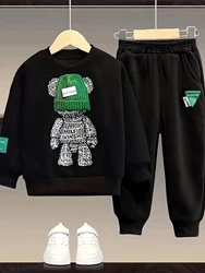 Spring Children Girl Boy Cartoon Bear Sweater Pants Clothes Top Baby Kid Knit Hat Pullover Top And Bottom 2pcs Outfit Tracksuit