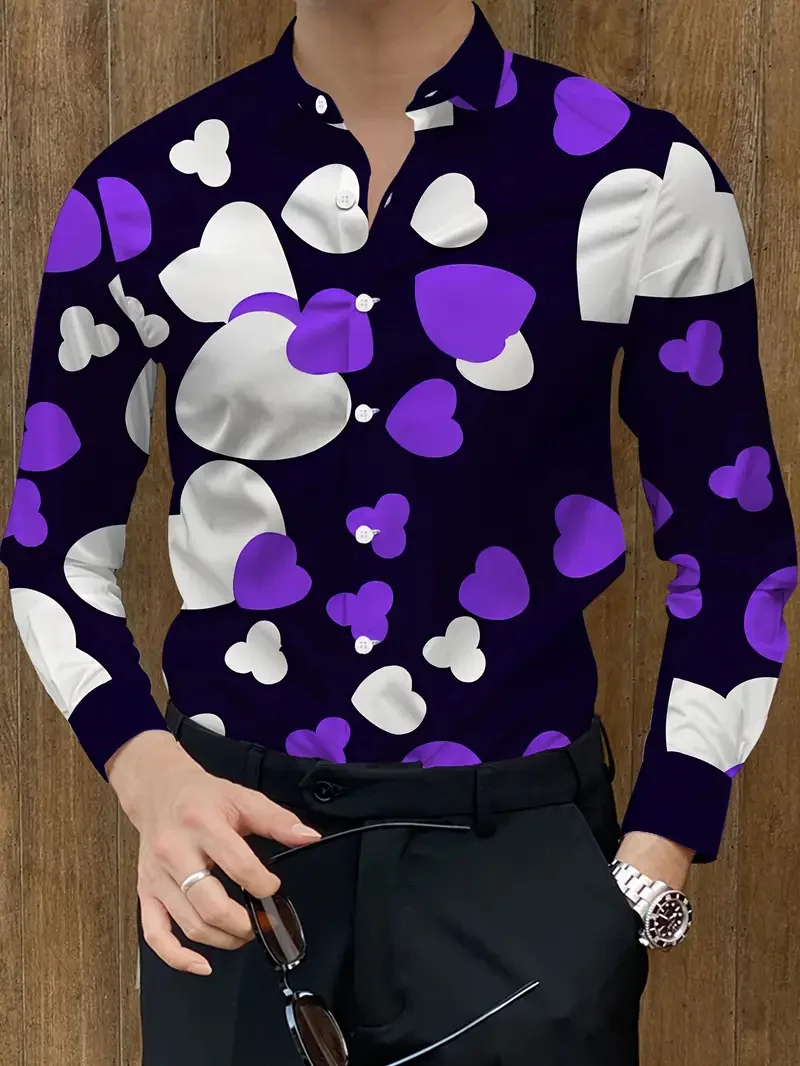 

New 3D Love Printed Graphics Men's Shirt Long Sleeve Shirt Button Flap Collar Shirt Couple New Top