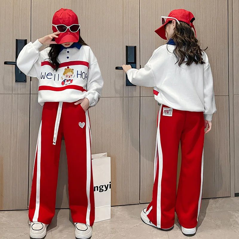 

Spring Autumn School Girl Tracksuit Teenager Girl Cartoon Letter Printed Sweatshirt+Wide-leg Pants Child Jogging Sets 4-12Years