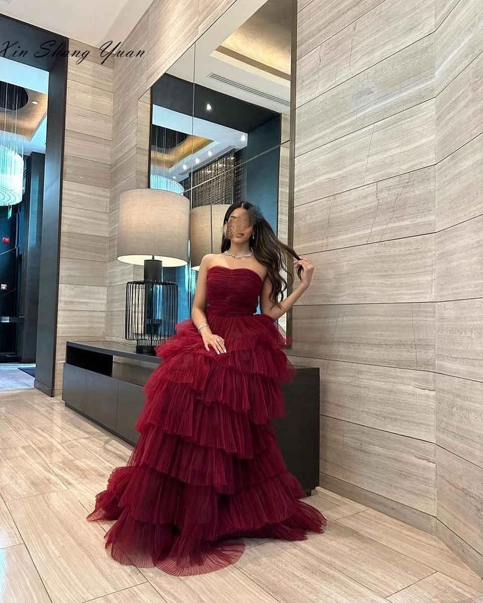 Customized Evening Dress Exquisite Tulle Strapless Sleeveless Party Dresses Elegant A-Line Floor Length Sweep Train Prom Gowns