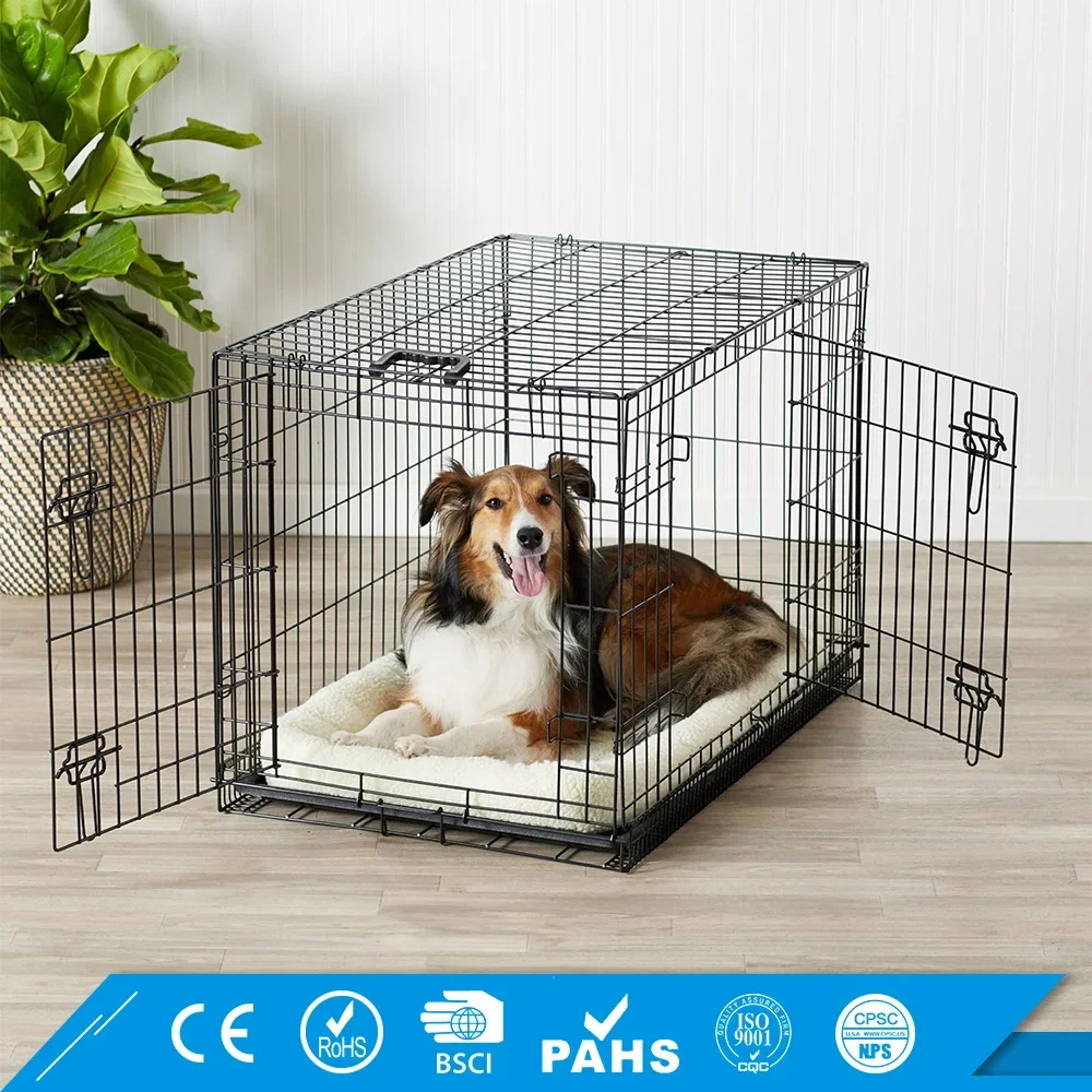 Double-Door Metal Foldable Large Heavy Duty Pet Dog Crate Portable Metal Iron Wire Folding Dog Cage Large Pet Kennels Dog House