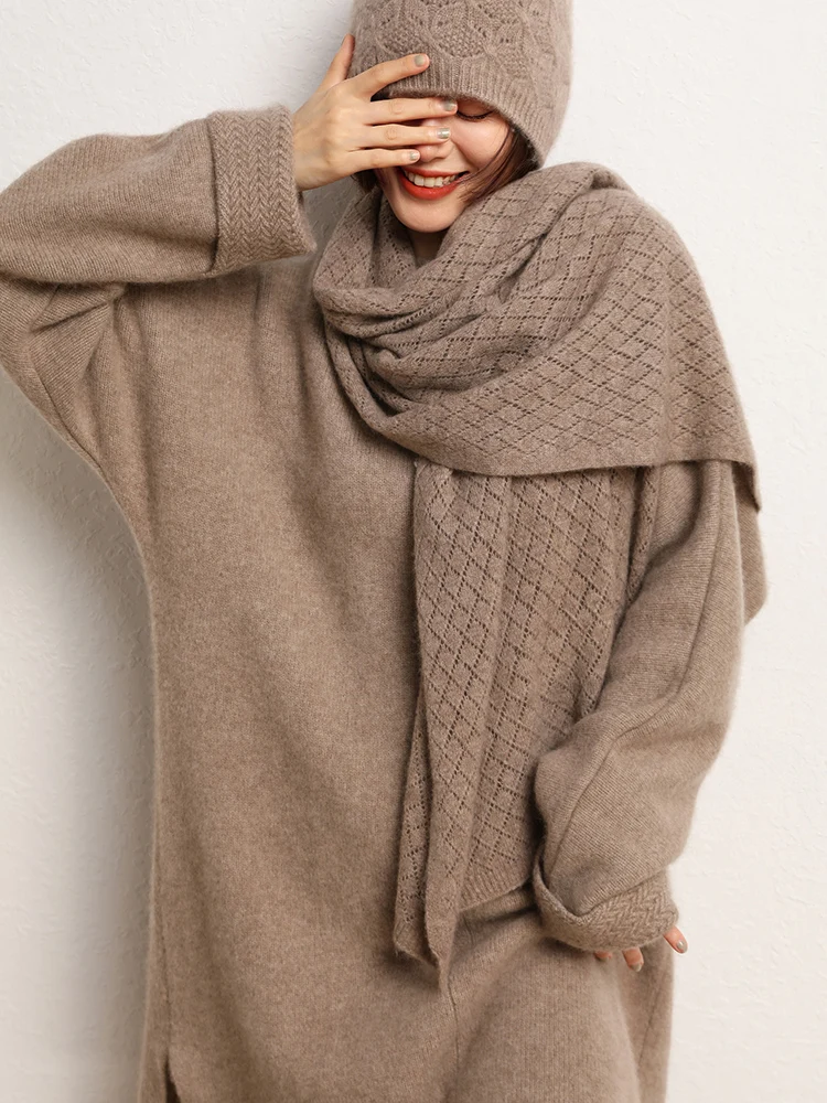 

Versatile Scarves Autumn Winter Shawl 100% Cashmere Scarf Stole Warm Women Scarf Elegant Female Sunscreen Cloak Hollow Out Knit