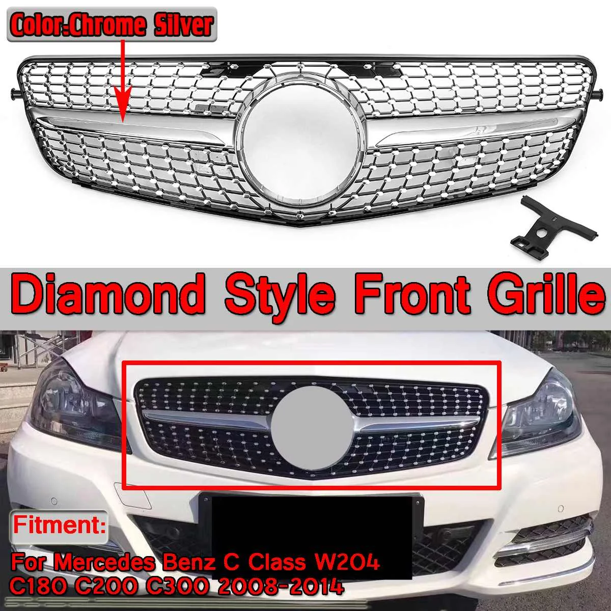 W204 Diamond Style Grille Car Front Bumper Grille Grill For Mercedes For Benz C-Class W204 C180 C200 C300 2008-2014 Racing Grill