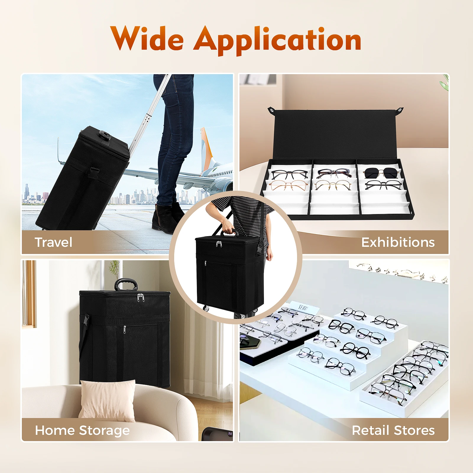 180-Pair Eyeglasses Storage Trolley Case Portable Rolling Organizer Durable Oxford Cloth Travel Case