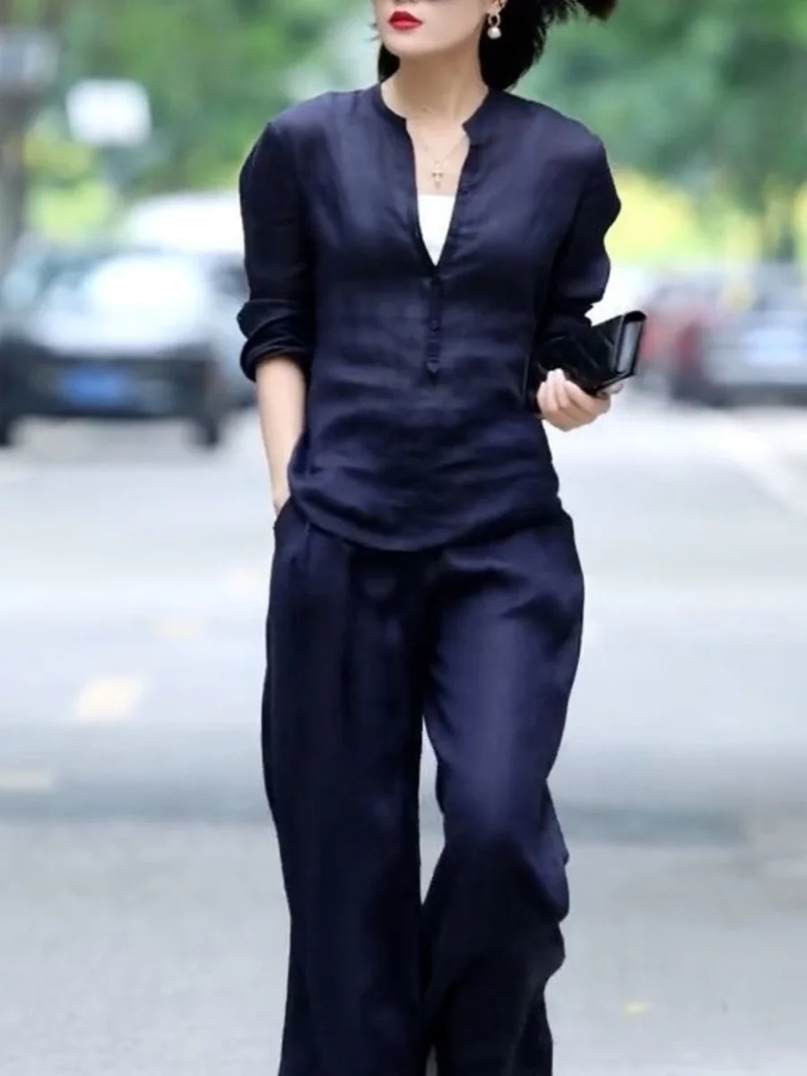 

Весенне-летний комплект из хлопка и льна: утягивающие брюки из чистого хлопка длиной до щиколотки, создающие ощущение высокого класса, модный женский костюм.