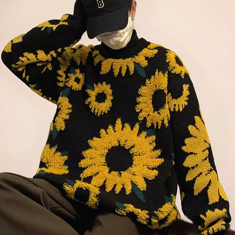 Y2k Winter Vintage Sweater Men Women Sunflower Knitted Sweater Pullover Hip Hop Harajuku Streetwear Mens Clothing Christmas Tops