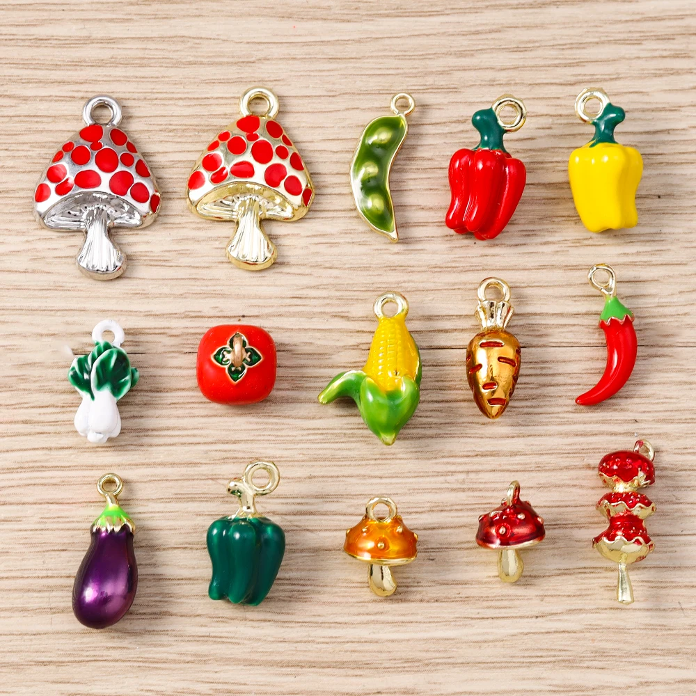 Tusember 5 Stück Emaille-Gemüse-Anhänger Pilz Karotte Aubergine Mais Paprika Charms Perlen Passend für Original-Armband DIY Schmuck – Detail 3