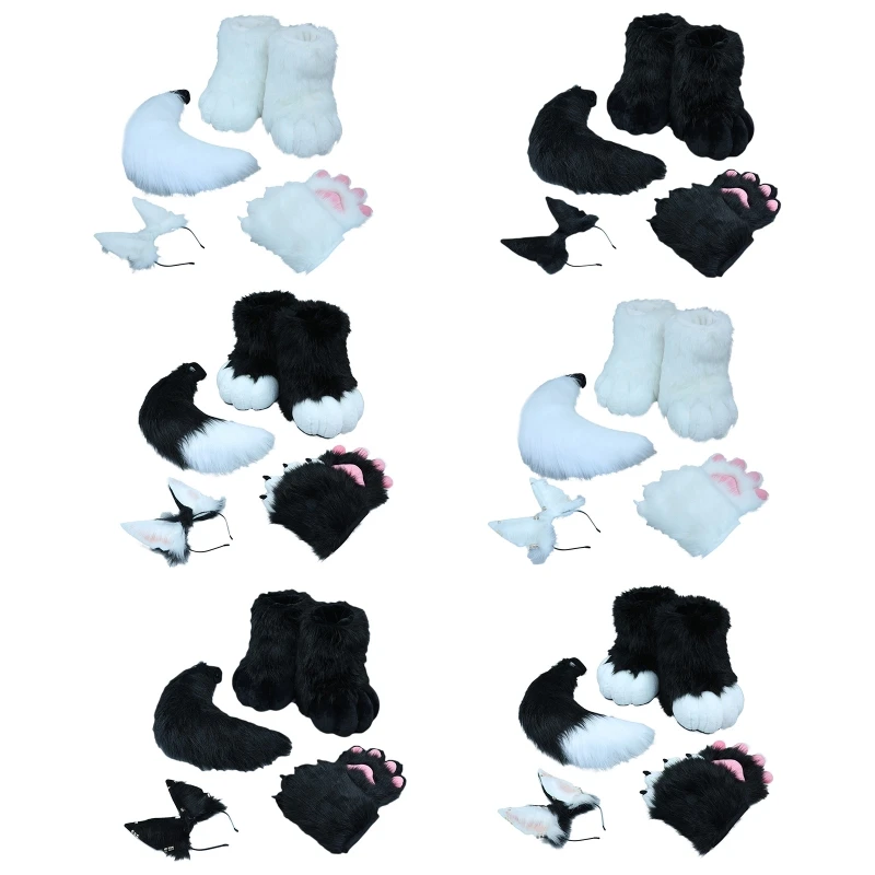 Animal Paw Shoes Wolf Ear fascia coda Set Party Halloween Fancy Dress Cosplay