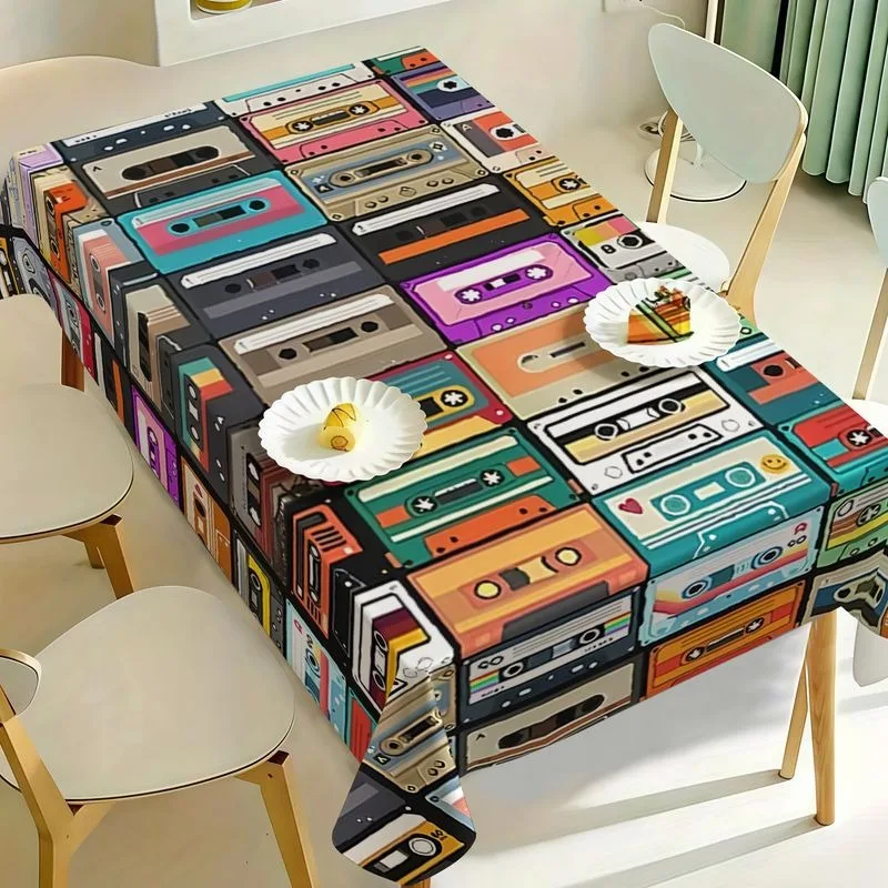 【2D】Tablecover 1 piece - Multi-color retro music tape pattern polyester tableclothzyc
